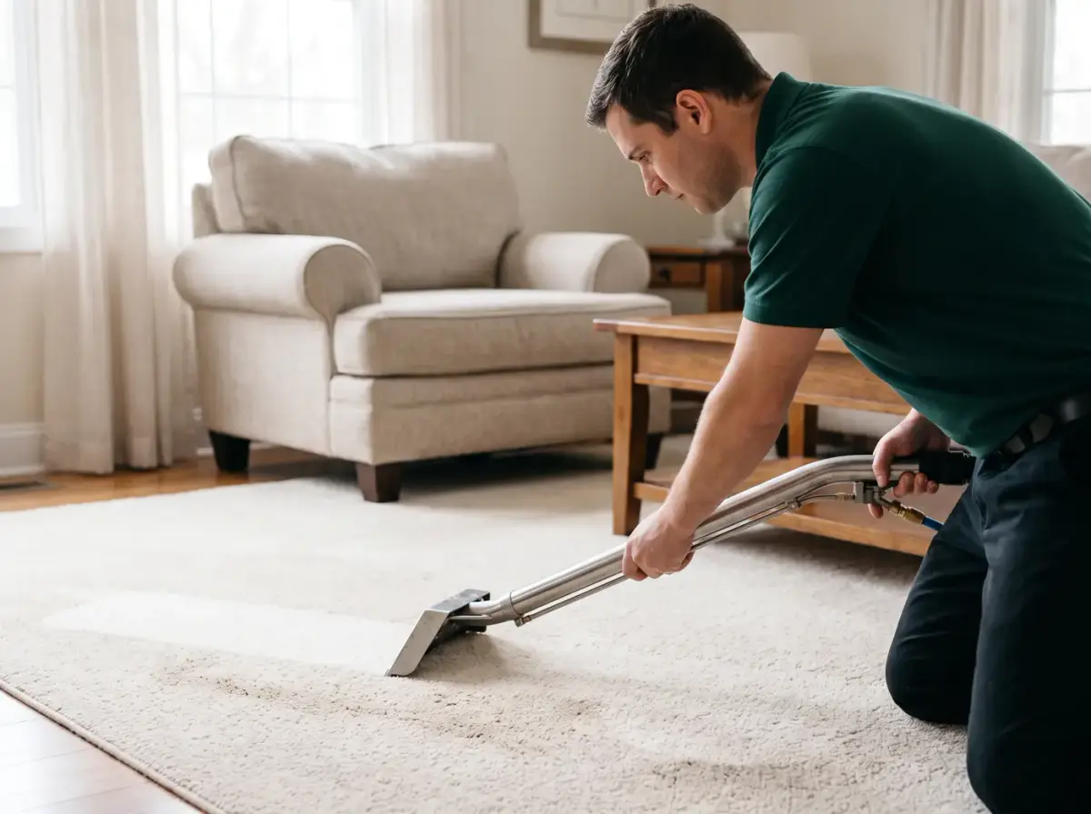 Technicien qui nettoie un tapis de salon en profondeur