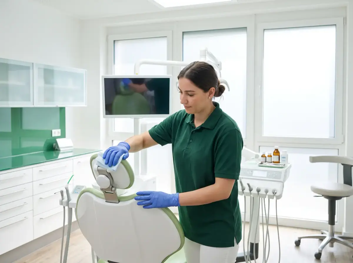 Préposée gantée qui désinfecte une salle de soins dentaires